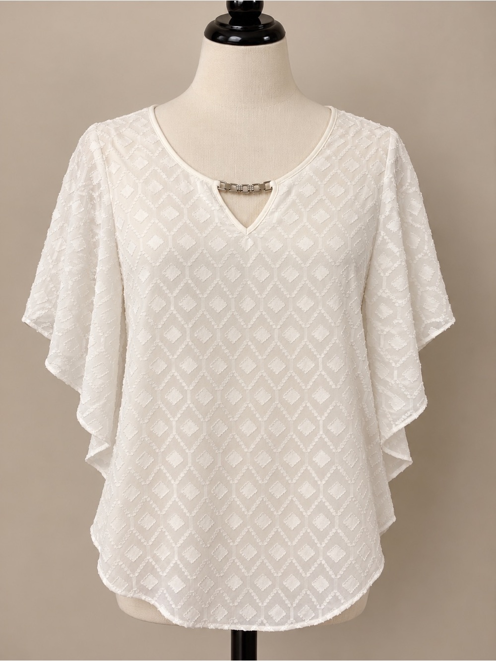 White Textured Flutter Sleeve Blouse Rhinestone Detail M